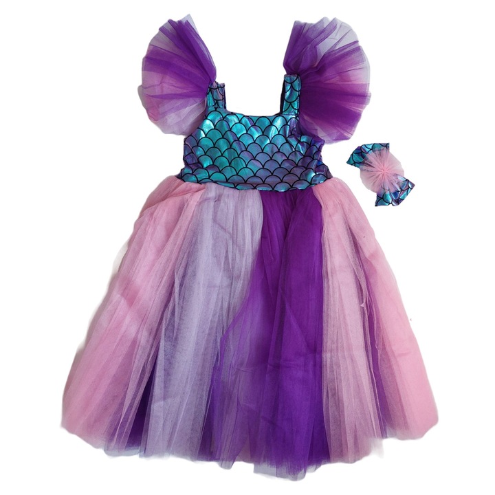 Set Rochie Eleganta pentru Fetite, cu Agrafa si Funda, Model Sirena, Multicolor, 98 cm, 3 ani