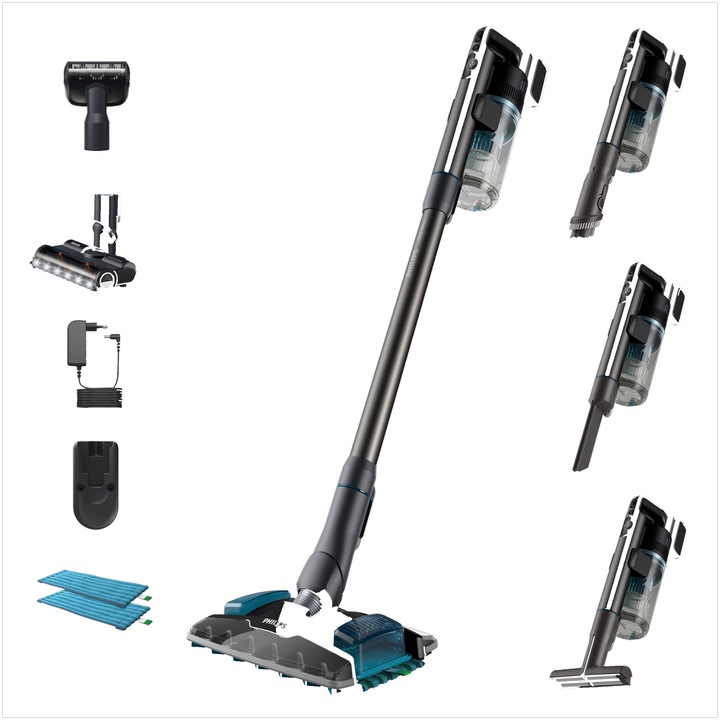 Вертикална прахосмукачка Philips XC8055/01, Aqua Plus, 25.2V, време на работа до 80 мин., PrecisionPower Smart засмукваща дюза, 5-степенна система за филтриране, LED светлини, цифров дисплей, 4 аксесоара