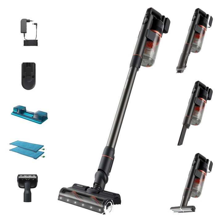 Вертикална прахосмукачка Philips XC7055/01, Aqua Series 7000, 25.2V, време на работа до 80 мин., 5-степенна система за филтриране, LED светлини, цифров дисплей, 4 аксесоара