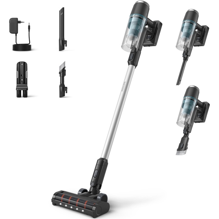 Вертикална прахосмукачка Philips XC3031/01, серия 3000, 3-степенна система за филтриране, до 60 мин. с допълнителна батерия, LED смукателна глава, Черен/Сребрист