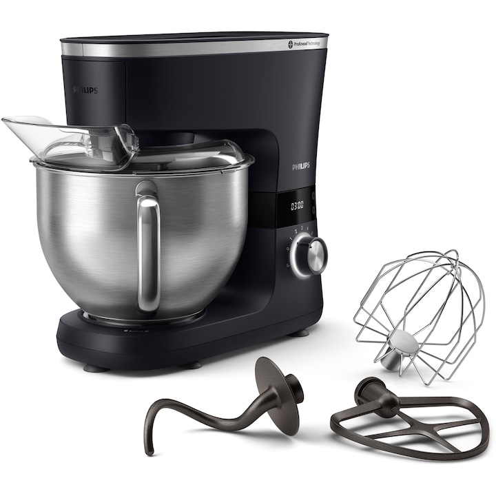 Philips HR7962/01 konyhai robotgép 7000-es sorozat, 1000 W, 8 fokozat, ProKnead technológia, Tökéletes keverőrendszer, Tésztakampók, lapát és habverő, 5,5 l-es tál, Fröccsenésgátló fedél, Intelligens időzítő LED-del