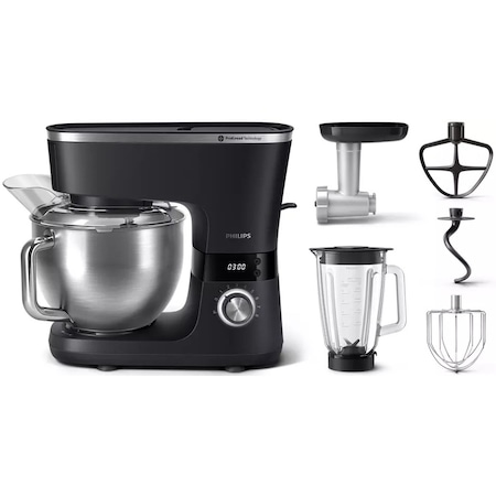 Robot de bucatarie Philips HR7962/01, seria 7000, 1000 W, 8 setari de viteza,Tehnologie ProKnead, Sistem de amestecare perfecta, carlige pentru aluat, paleta si tel, Castron de 5,5 l, Capac antistropire, Cronometru inteligent cu LED