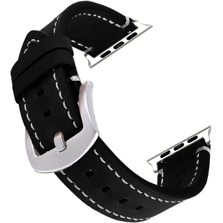 Curea piele naturala premium Apple Watch 8/7/6/5/4/3/Ultra, Display 49/45/44/42 mm, Negru, BEYOND Watch®