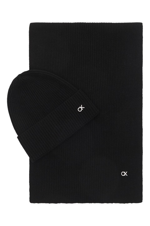 CALVIN KLEIN, Set de caciula si fular din amestec de lana - 2 piese, Negru