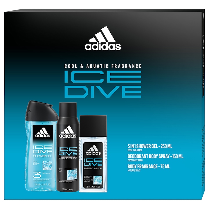 Set Cadou Barbati Adidas Ice Dive: Deodorant Natural Spray 75 ml+ Deodorant Body Spray 150 ml + Gel De Dus 250 ml