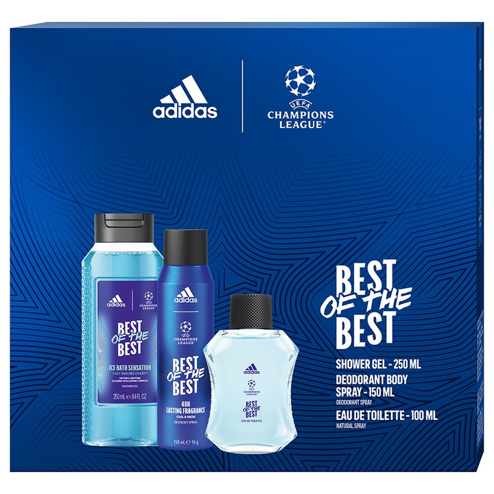 Set Cadou Barbati Adidas Uefa Best Of The Best: Apa De Toaleta 10 ml + Deodorant 150 ml + Gel De Dus 250 ml