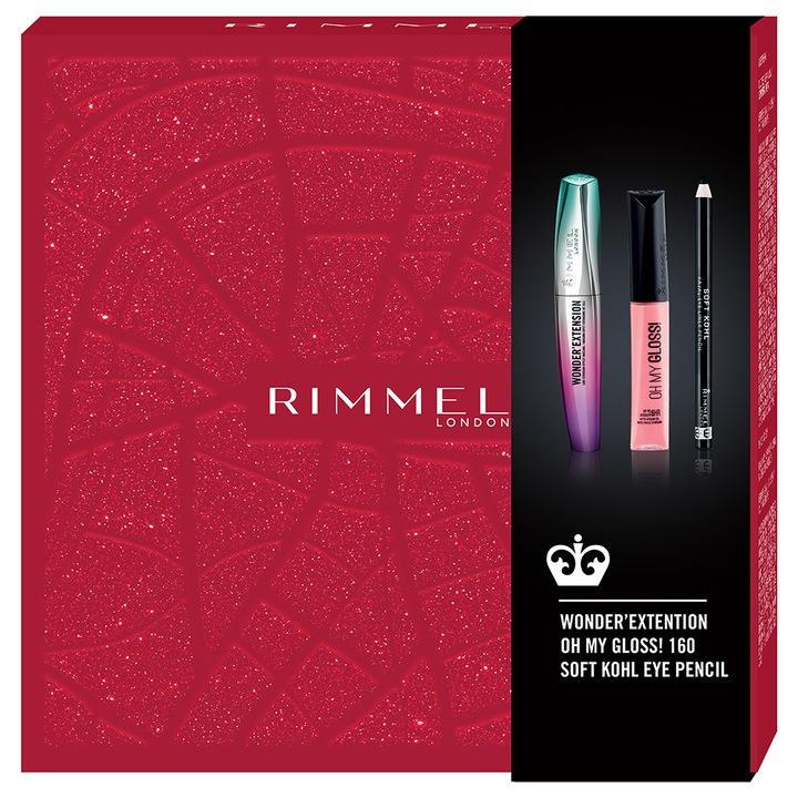 Подаръчен комплект Rimmel: Спирала Wonder'Extension Very Black, 11 мл + Гланц за устни Oh My Gloss 160 Stay My Rose, 7 мл + Молив за очи Soft Khol Kajal 061 Jet Black, 1,2 мл