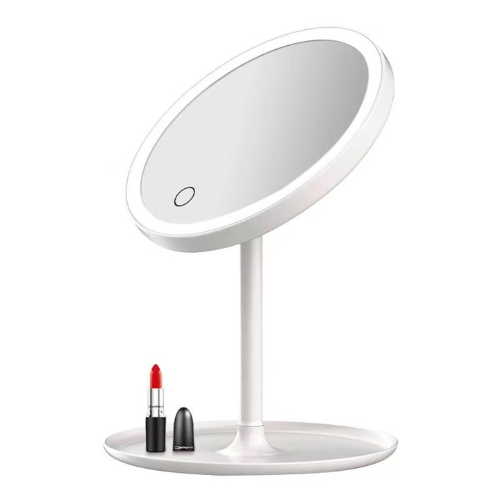 Oglinda cosmetica cu led pentru machiaj, cu 5X Magnification Mirror, 3 tipuri de lumina, Luminozitate reglabila, Touch Switch, rotire 90º, 1200mAh reincarcare USB, baza depozitare mare, perfecta pentru calatorie, iesire in oras, Alb