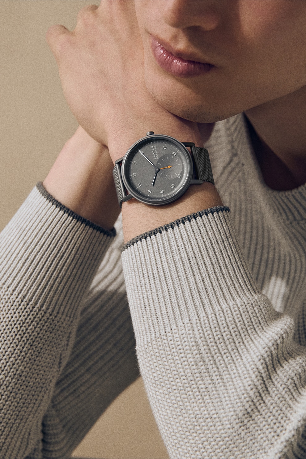 Skagen, Ceas analog cu bratara cu model plasa, Gri - eMAG.ro