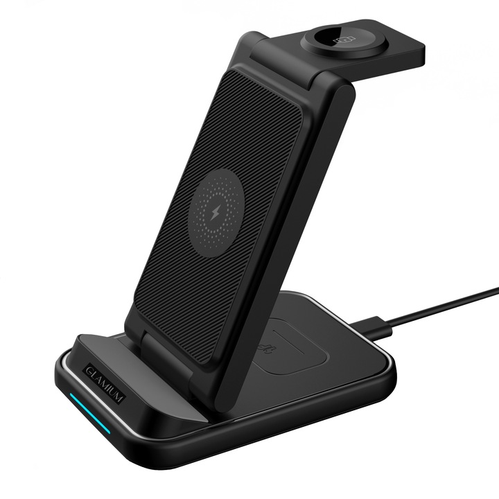 Безжично зарядно GLAMIUM® 3 в 1, бързо зареждане 15 W, сгъваемо, Magsafe QI магнитно зареждане, съвместимо с Apple Iphone, Samsung, само Apple Watch, Airpods, TWS, универсално, матово черно