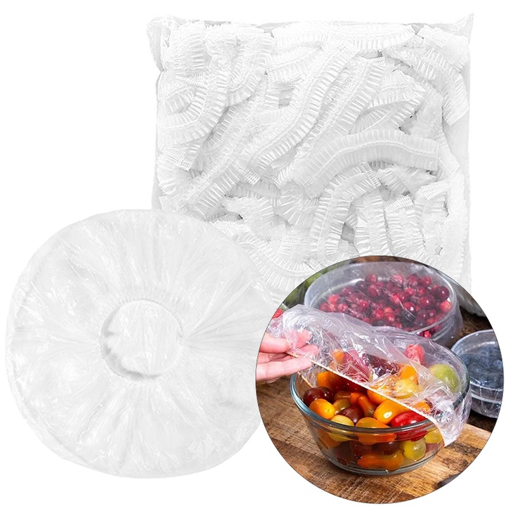 Set 100 Huse/Capace/Folie pentru boluri si alimente, 8 - 20 cm, Transparente din PVC cu elastic Alb, Universale, CCmax
