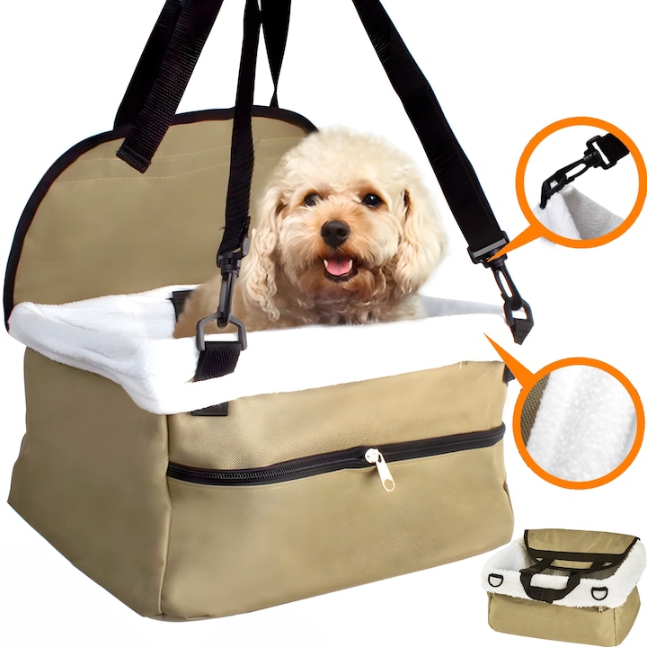 Scaun auto de protectie pentru animale de companie, Fish & Paws ®, rezistent si ajustabil, calitativ perfect pentru cainele sau pisica ta, siguranta si confort in calatorie, usor de curatat, 32cm x 27cm x 19cm, Bej