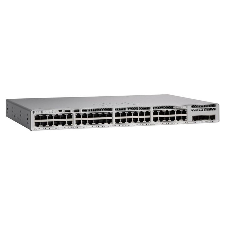 Cisco Catalyst 9200L kapcsoló, 48 Gigabit Ethernet port, 3 USB 2.0 port, 176 Gbit/s kapcsolási kapacitás, szürke