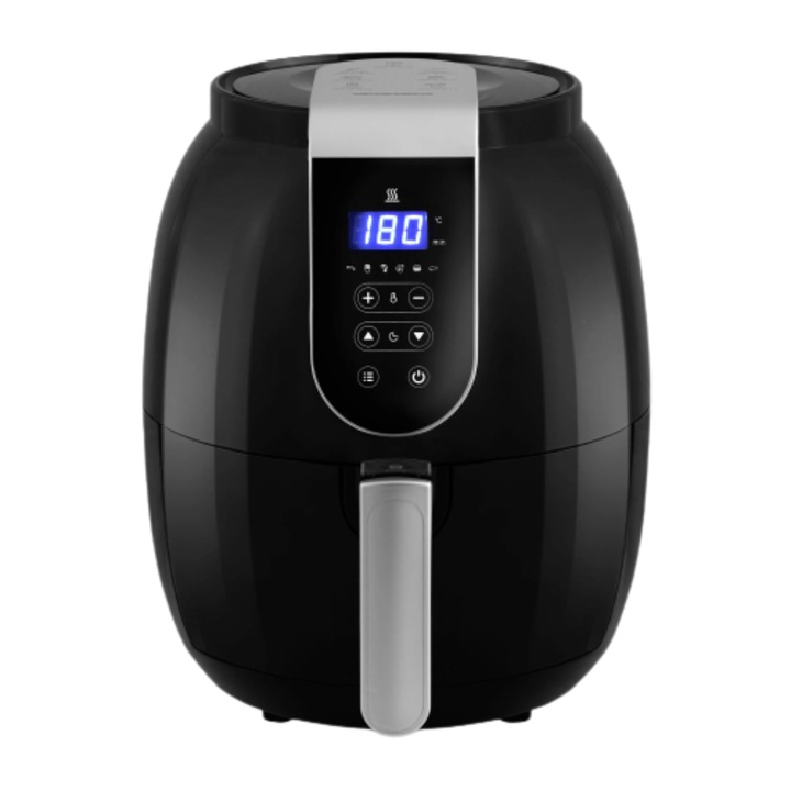 DacEnergy légsütő, teflon bevonatú rozsdamentes acél kosár, hőmérséklet-szabályozó panel, kijelzővel, teljesítmény 1300 W, kosár kapacitása 2,6 kg, fekete és ezüst