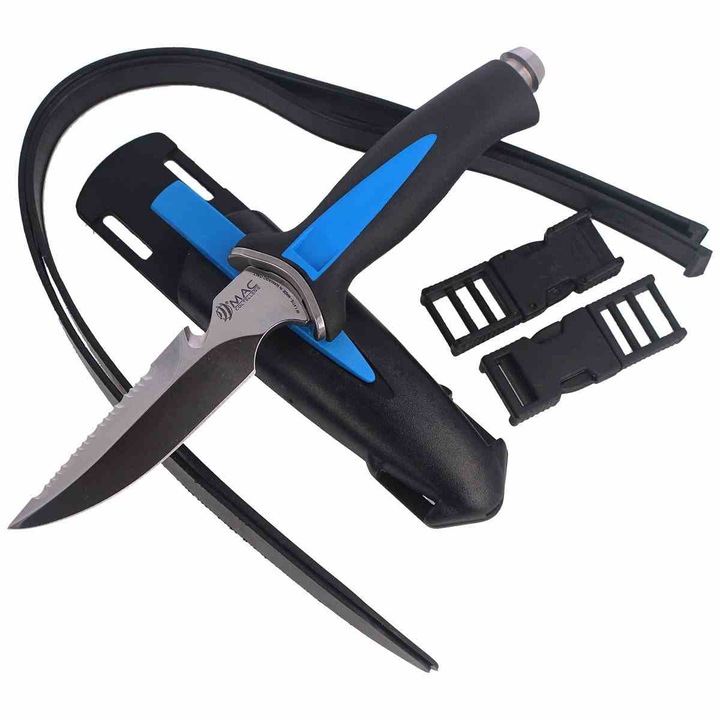 Set cutit de scufundari si teaca, MAC Coltellerie, Otel/ABS, 240 mm, 154 g, Negru/Albastru