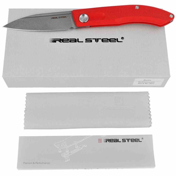 Cutit Pliabil EDC Multifunctional Real Steel Stella Red G10, Lama Premium VG-10 Greywash Drop Point, Maner Ergonomic G10 Rosu, Sistem Sigur Slip Joint, Design Jakub Wieczorkiewicz Poltergeist Works, Ideal pentru Camping, Pescuit, Drumetii s