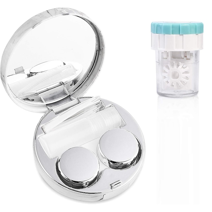 Aplicator lentile de contact in caseta, Cafuneplus®, accesorii incluse, cu garnitura de curatare, portabil, Argintiu