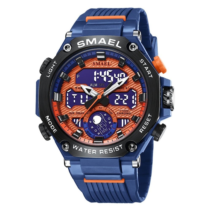 Спортен мъжки часовник Smael Unlimited, Хронограф, Двойно време, LED Подсветка, Оранжев / Син