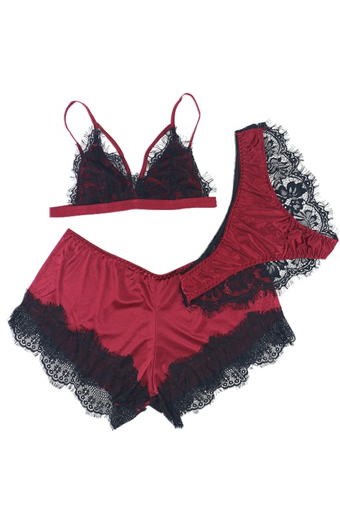 Секси пижама от три части, сутиен, шорти и гащички, с дантела, бордо 92052, Бордо, M