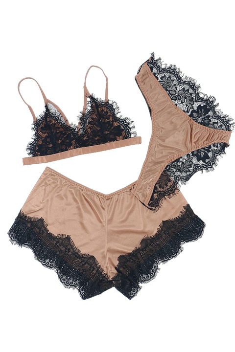 Set pijama sexy trei piese, sutien, pantaloni scurti si chiloti TY-SD01maro 92050, Maro, M