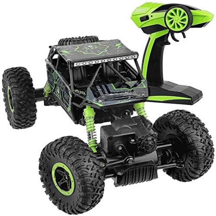 Masinuta de Curse RC Rock Crawler Monster Truck 2.4GHZ, Controlata de la Distanta cu Telecomanda, Suspensii 4x4, Off Road, Design Modern, Black/ Green