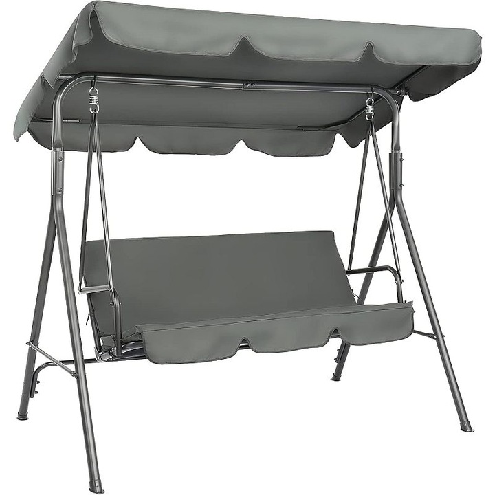 Градинска люлка, PROCART, 3 места, метална конструкция, регулируем покрив, 170x110x153 см, сива
