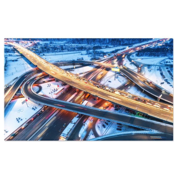 Картина на платно с висящ път, сняг, коли, светлини, зима, многоцветно 100x70