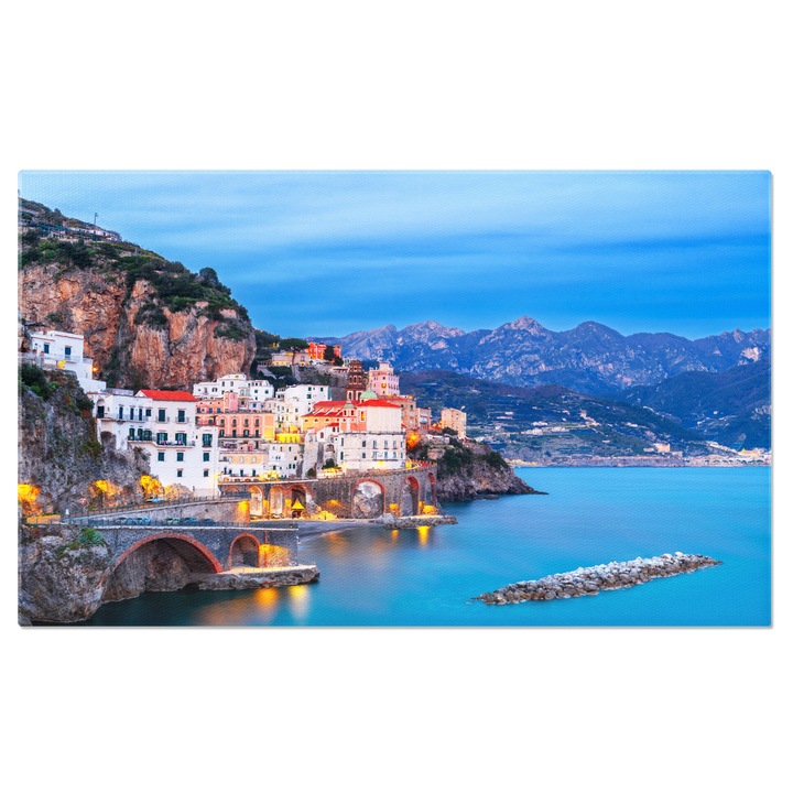 Картина на платно с пейзаж, Италия, сгради, небе, планини, море, скали, многоцветно 120x80