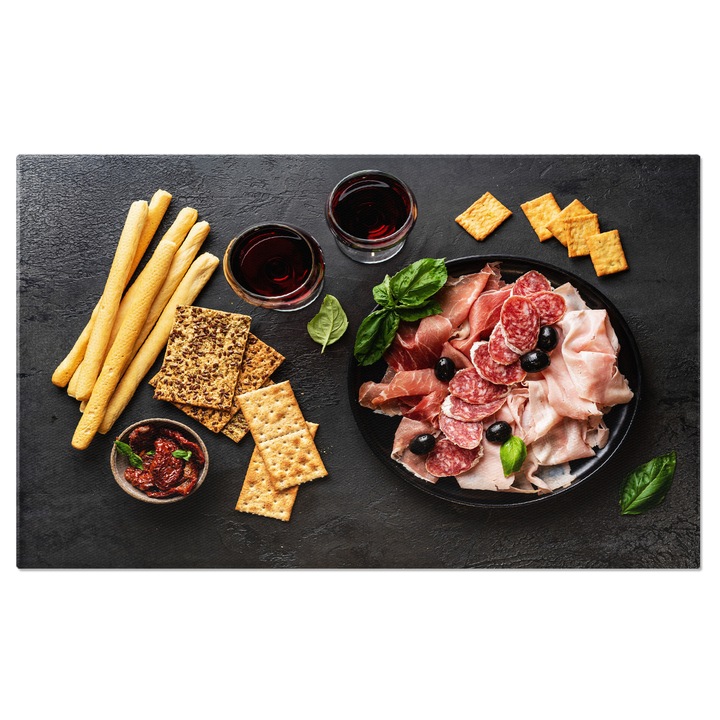 Tablou canvas cu mancare, rosii uscate, busuioc, salam, masline, multicolor 40x25