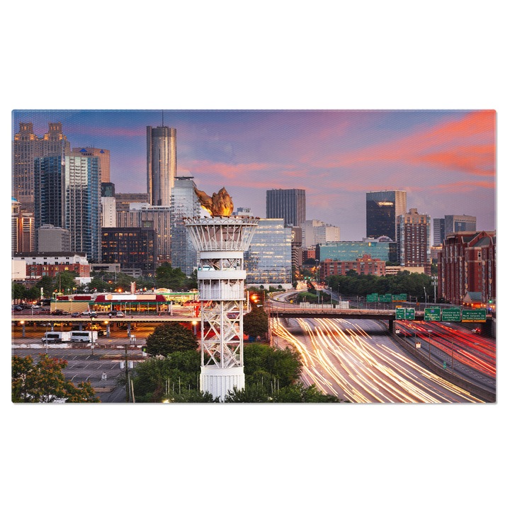 Tablou canvas cu peisaj urban, oras, cladiri, masini, apus, cer, multicolor 140x90