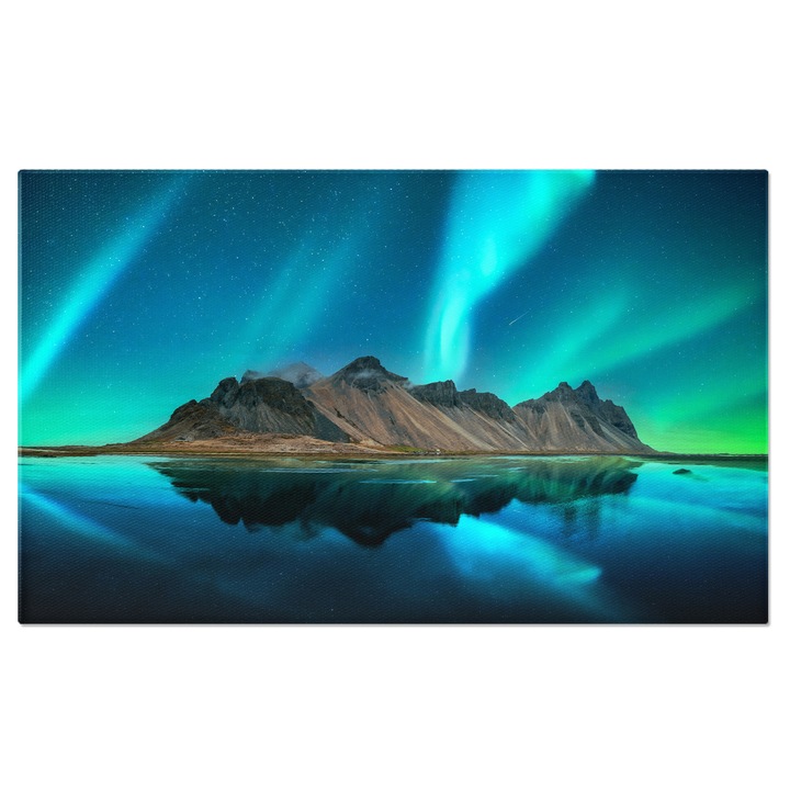 Tablou canvas cu insula, munte, aurora boreala, noapte, stele, mare, multicolor 90x60