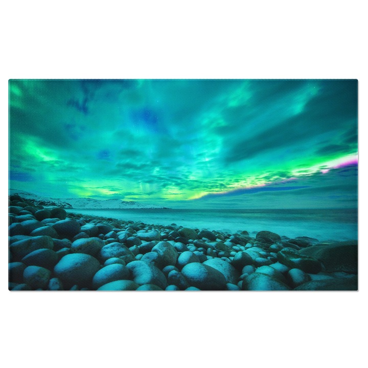 Tablou canvas cu pietre, plaja, mare, zapada, aurora boreala, nori, multicolor 40x25