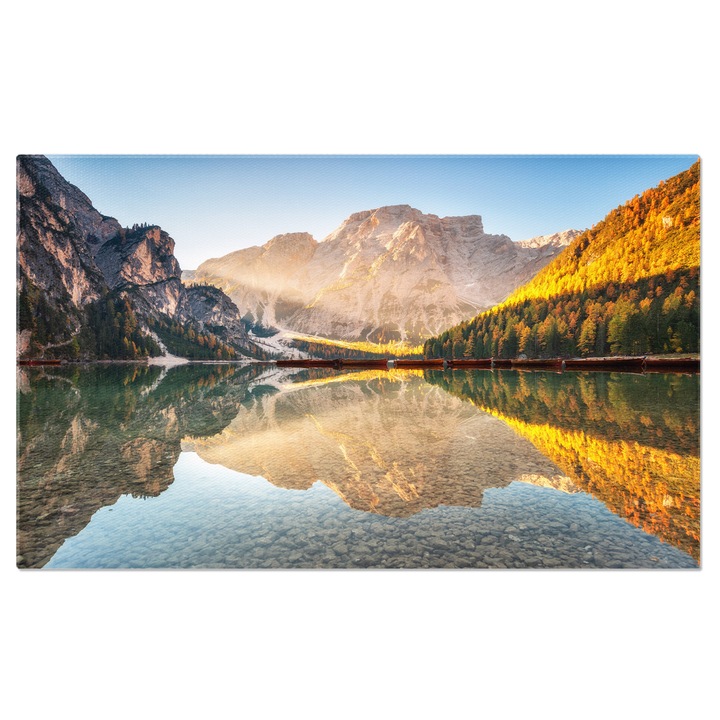 Tablou canvas cu peisaj, munte, apus, padure, lac, pietre, multicolor 90x60