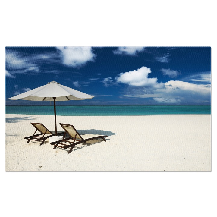 Tablou canvas cu peisaj, plaja, mare, umbrela, nori, sezlong, multicolor 120x80