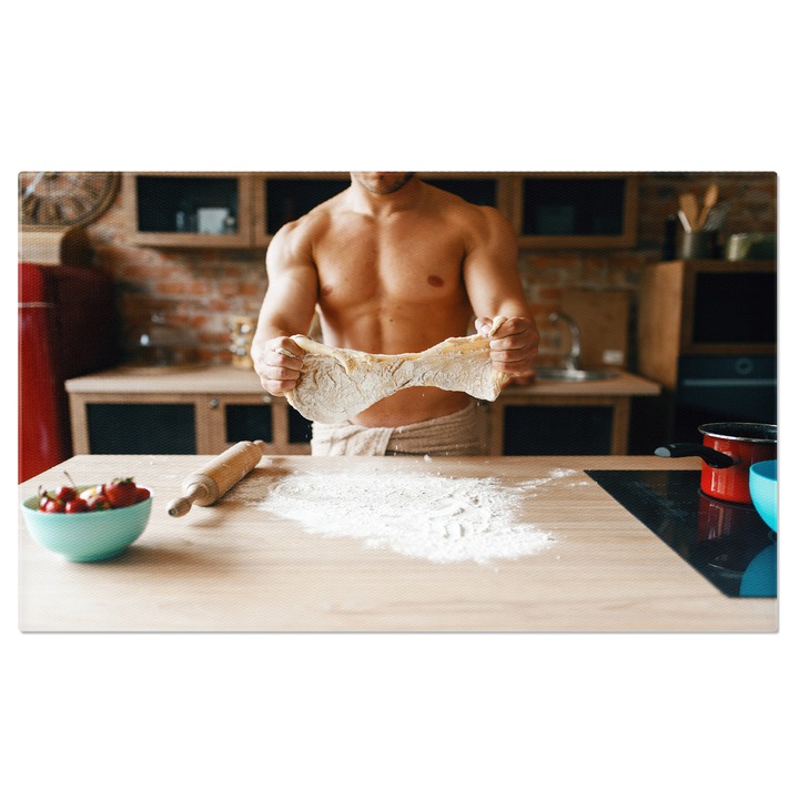 Tablou canvas cu aluat, fructe, bol, faina, bucatarie, barbat, multicolor 140x90
