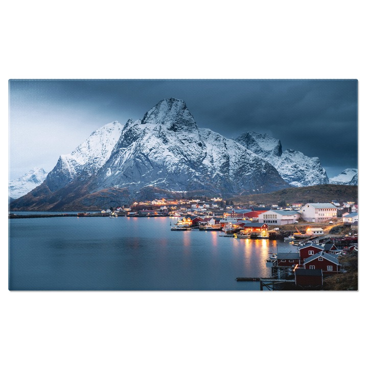 Tablou canvas cu munti, zapada, lac, barci, lumini, sat, multicolor 90x60