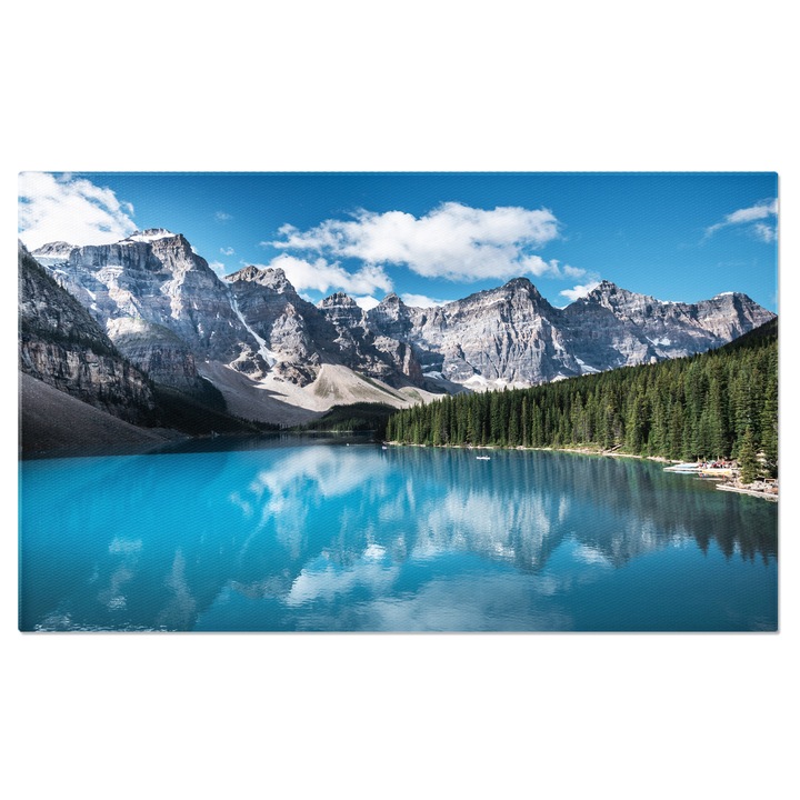 Tablou canvas cu lac, munti, padure, barci, cer, nori, multicolor 90x60