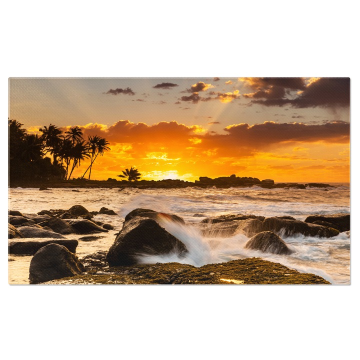 Картина на платно със залез, слънчеви лъчи, камъни, вълни, океан, палми, многоцветни 40x25