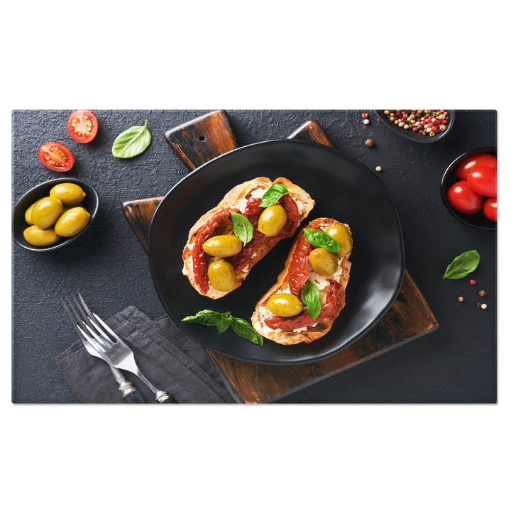 Tablou canvas cu mancare, bruschette, masline, rosii uscate, multicolor 40x25