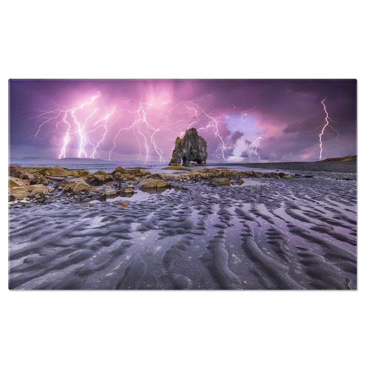 Tablou canvas cu plaja, stanci, fulger, furtuna, pietre, multicolor 90x60