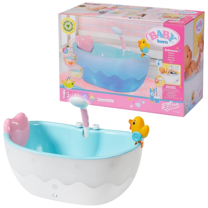 Вана за кукла Zapf Creation Baby Born Bath 7832691 1-90, Със светлинни и звукови ефекти, Пръскаща патица, За кукли с размери 36 см и 43 см, 37 x 25 см