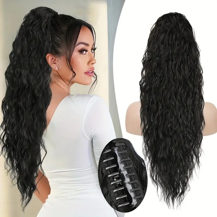 Extensie Coada par Neagra, creata, deasa, prindere tip cleste, 60 cm, Animis Beauty ®, fibra sintetica cu aspect natural