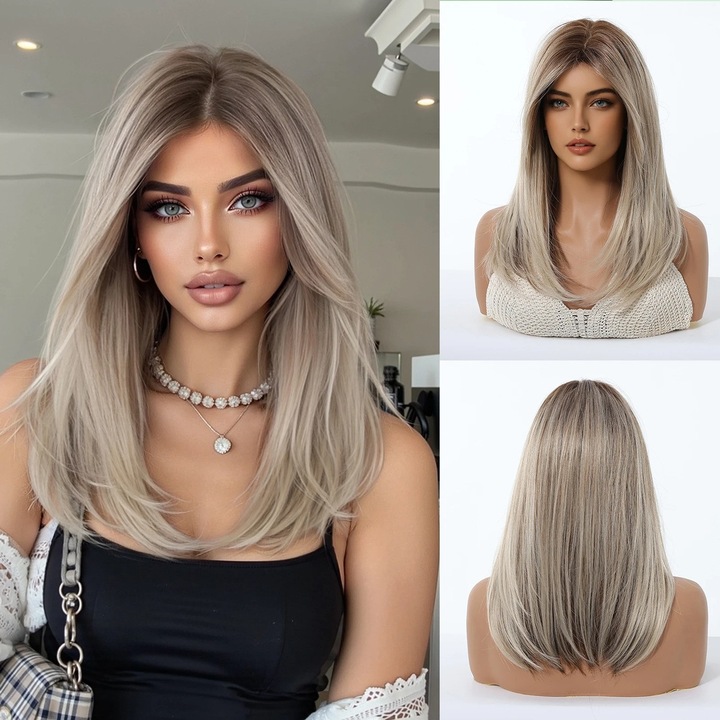 Peruca medie, Blond Cenusiu, Animis Beauty ®, fibra sintetica cu aspect natural, par mediu drept, fara breton, 40 cm