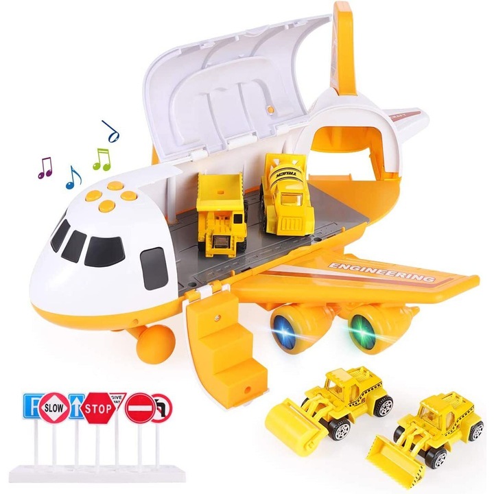 Set Avion Interactiv de Jucarie cu 3 Vehicule si Semne de Circulatie, Construction Transport Car, Efecte Sonore si Luminoase, 30 x 6.5 x 14.5 cm, Galben / Alb