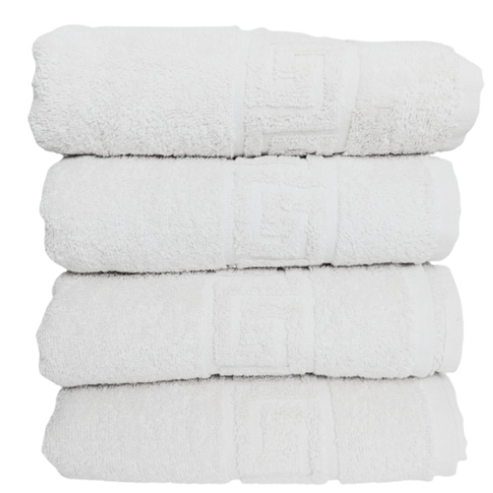 Хотелски комплект пухкави хавлии, 50 см x 90 см, 4 части, гръцки модел, 100% памук, плътност 550 г/м2, бял