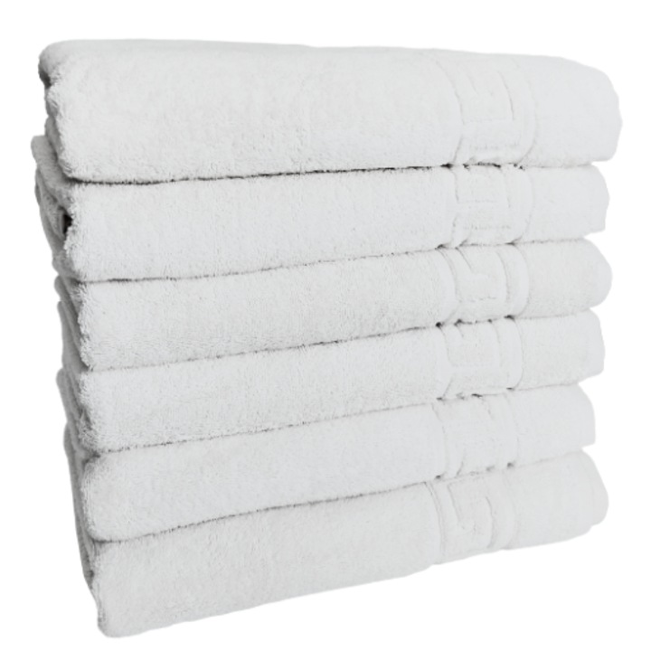 Хотелски комплект пухкави хавлии, 70 см x 140 см, 6 части, гръцки модел, 100% памук, плътност 550 г/м2, бял