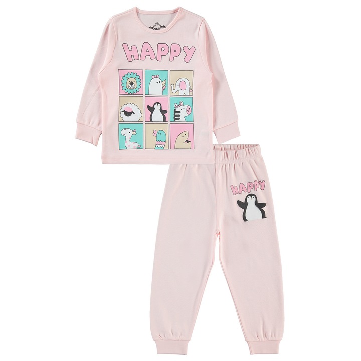Дълга детска/момичешка пижама HAPPY от 2 части, ERAKIDS, щампа "Happy", 100% първокласен памук, розово