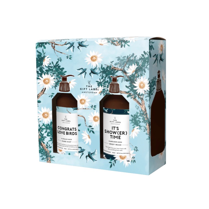 Ajándékkészlet The Gift Label, esküvői, folyékony kézszappan 250 ml, tusfürdő 250 ml, pézsma és mandarin illat, vegán, szulfátok és színezékek nélkül