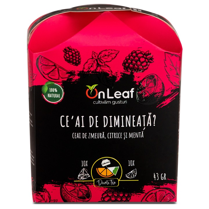 OnLeaf málna, citrus és menta tea, 10 tasak és 10 szelet dehidratált gyümölcs, 43 gr