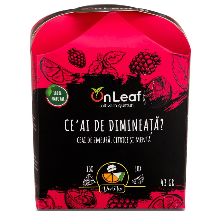 Ceai de Zmeura, Citrice si Menta OnLeaf, 10 pliculete si 10 bucatele de Fructe Deshidratate, 43 gr
